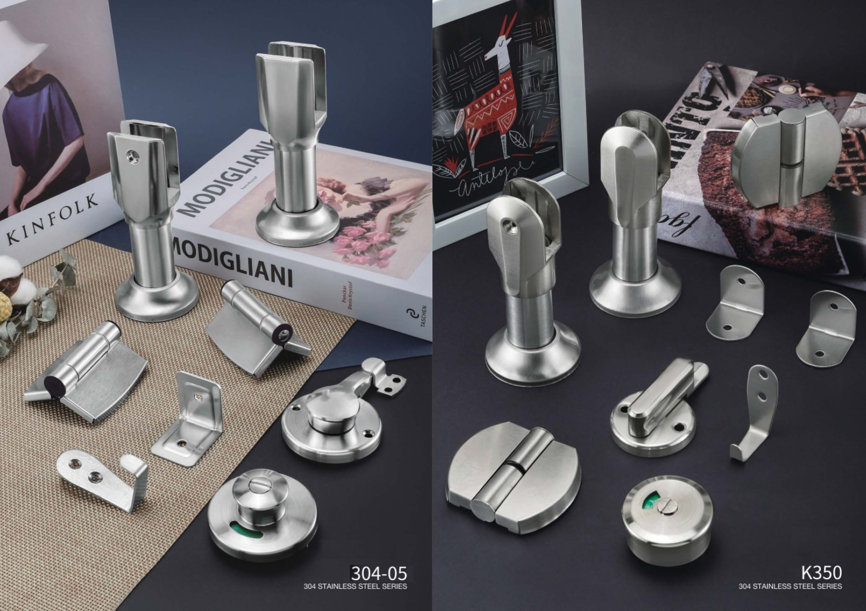 Stainless steel toilet partition hardware system including hinges, locks, support legs and connectors for commercial restroom cubicles